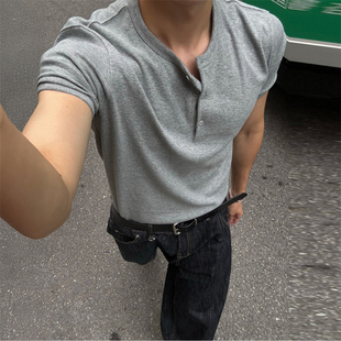 T恤 螺纹弹力棉针织轻熟休闲亨利领打底TEE短袖 MRDONG韩国男装 代购