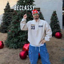 MRDONG韩国代购男装摇粒绒美式USAF字母半拉链立领抓绒卫衣宽松