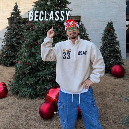 MRDONG韩国代购男装摇粒绒美式USAF字母半拉链立领抓绒卫衣宽松