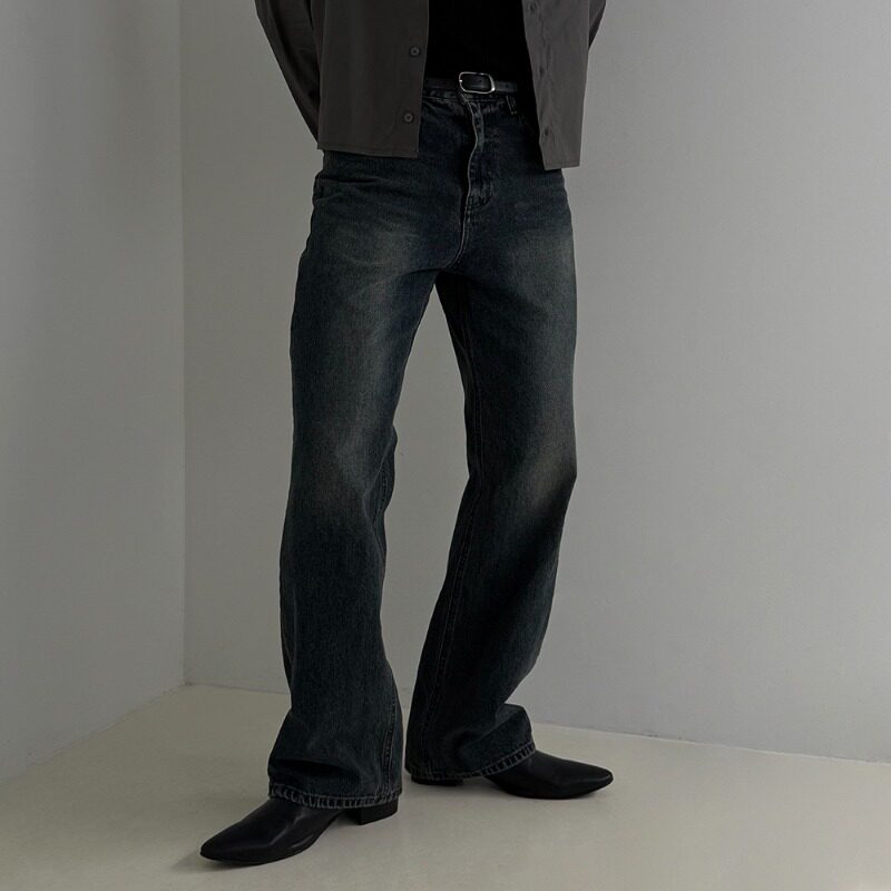 MRDONG韩国代购男装深洗微喇牛仔长裤复古修身垂顺显腿男裤春装款