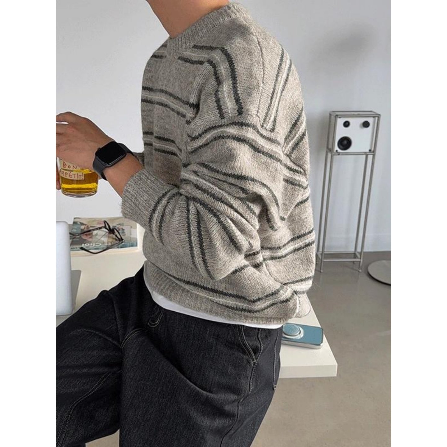 MRDONG韩国代购男装复古酒红细条纹阿尔巴卡混纺宽松针织毛衣高品,男装,针织衫/毛衣,淘宝优惠券,粉丝福利购,淘宝优惠卷