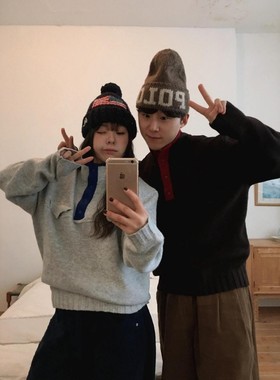 韩国代购直播男女NOMADE减龄设计师撞色纽扣半高领针织衫小众毛衣