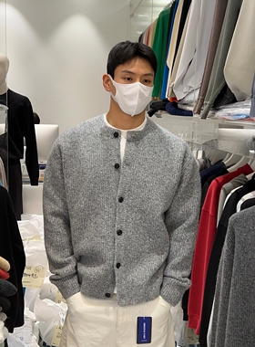 韩国男装代购直播LAINE高档美利奴羊毛蓬松重工圆领针织开衫外套