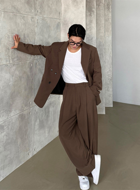 MRDONG韩国男装代购秋季轻奢雅痞半松紧腰单掐褶阔腿直筒休闲西裤