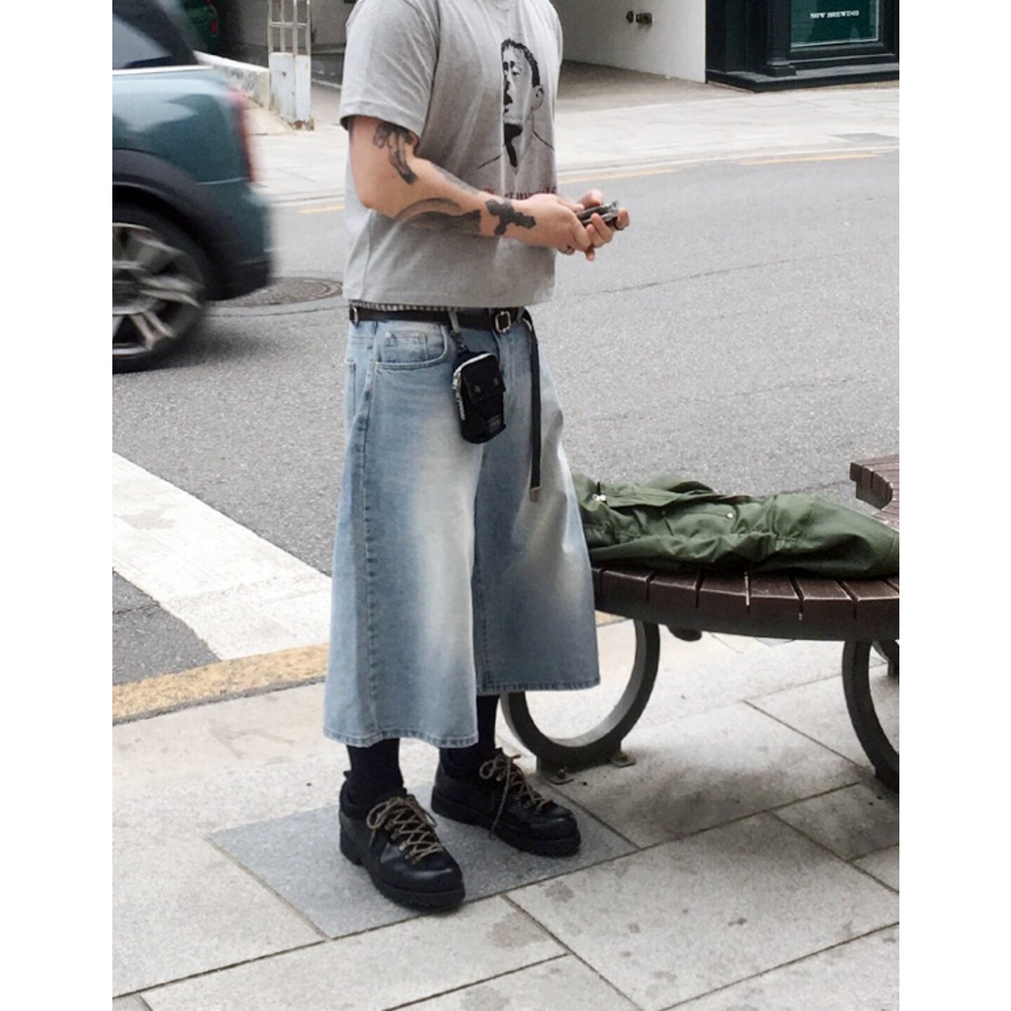 MRDONG韩国代购东大门男装水洗宽松牛仔7分短裤复古高街阔腿百搭