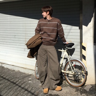 膝盖立体剪裁捏褶水洗重工阔腿弧形弯刀休闲裤 MRDONG韩国男装 代购