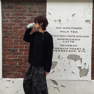 长袖 斜向系扣亨利领潮流设计师针织TEE短款 T恤 代购 MRDONG韩国男装