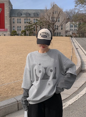 MRDONG韩国代购男女轻奢春季气质小众99星标刺绣条纹拼接宽松卫衣