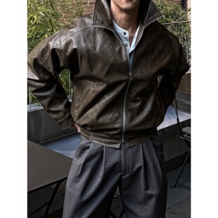 MRDONG韩国代购男装高奢重工立领皮衣外套短款拉链高品廓形气场款
