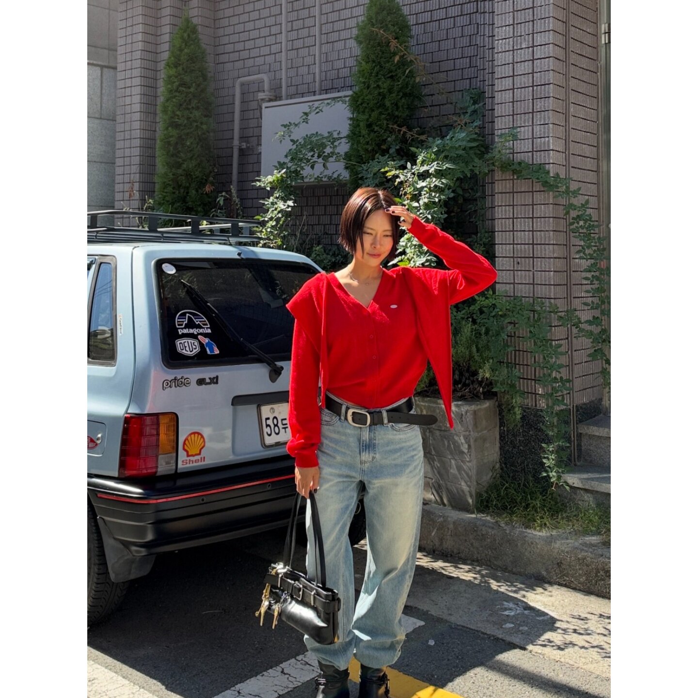 MRDONG韩国代购东大门女装V领短版薄款针织开衫时尚披肩气质套装