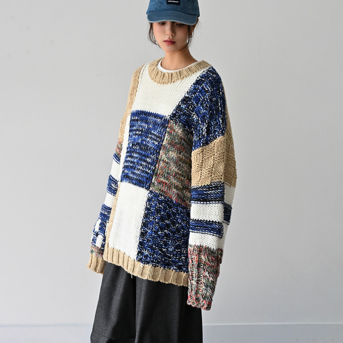 MRDONG韩国代购男女落肩OS街头小众设计师方形拼接混色毛衣针织衫