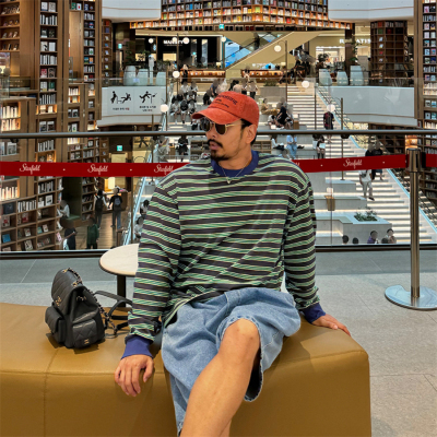 韩国男装拼色条纹减龄宽松长袖T