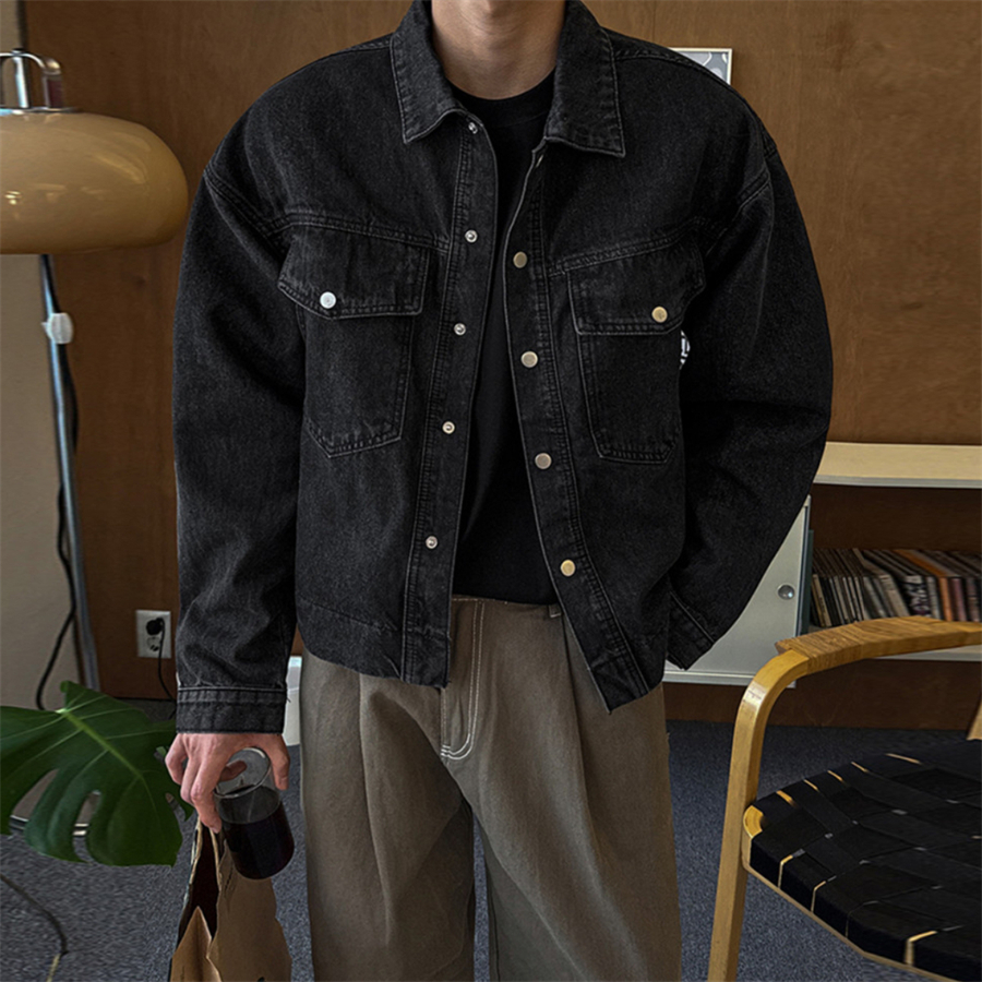 韩国男装翻领宽肩复古风牛仔夹克