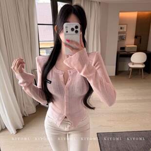 气质修身 韩版 显瘦V领短款 长袖 女 十三行KIYOMI2026春季 针织衫 新款