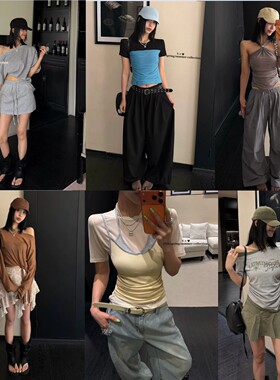 涤纶套头V领短袖T恤女