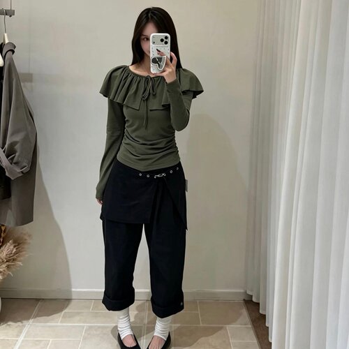 韩版荷叶边假两件长袖T恤女