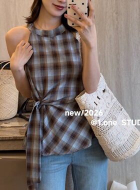 1ONE2026夏季新款韩版复古绑带格子衬衫背心女收腰显瘦无袖上衣
