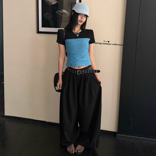 涤纶套头圆领假两件短袖T恤女