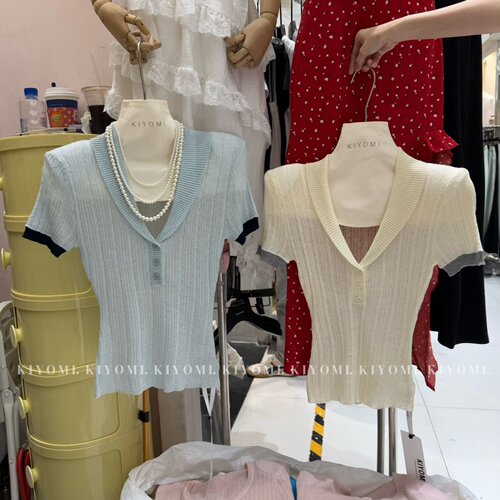 涤纶套头V领短袖针织衫女