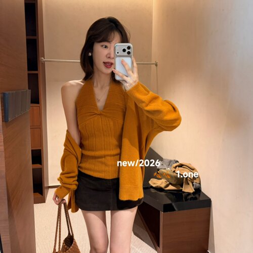 涤纶套头V领针织背心开衫套装女