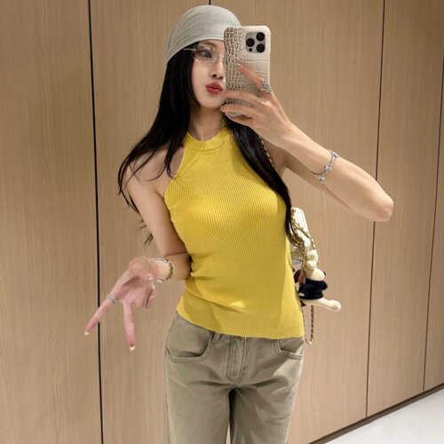 涤纶套头挂脖露背针织背心女