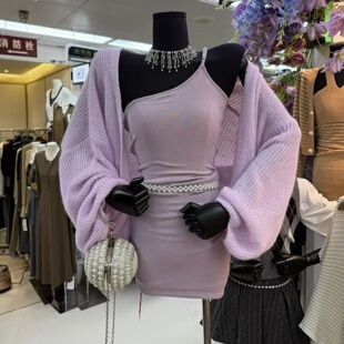 FAIRY2026秋新款纯欲辣妹斜领吊带连衣裙女百搭长袖针织毛衣开衫