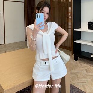 HOLDER2026夏季新款纯欲辣妹圆领针织背心女无袖上衣配披肩两件套