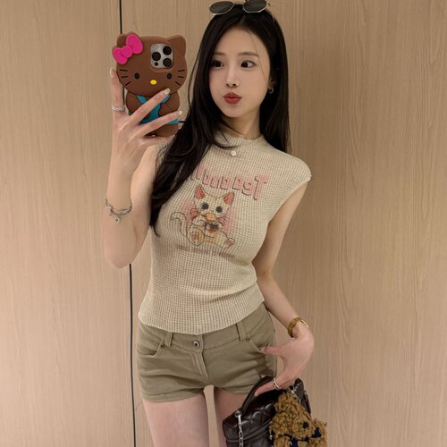 涤纶套头卡通印花针织背心女