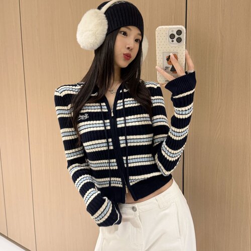涤纶条纹拉链长袖针织开衫女