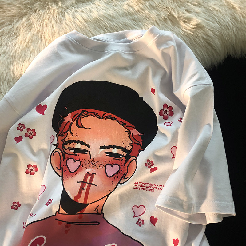 欧美风hiphop潮牌害羞流鼻血男孩t恤女夏季情侣宽松短袖上衣ins潮