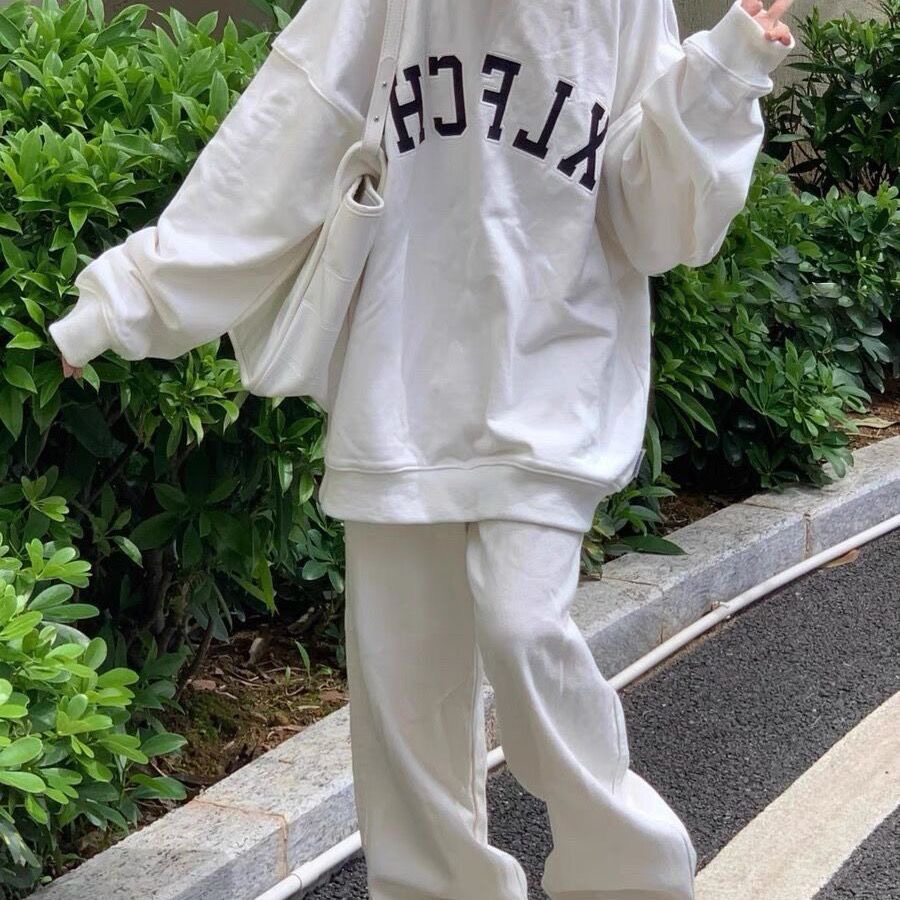 白色无帽卫衣女春秋薄款ins潮韩版vintage设计感小众简约宽松上衣