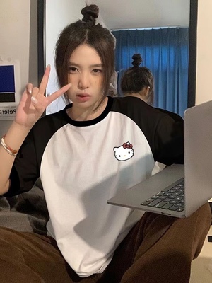 美式复古卡通猫咪插肩短袖t恤女