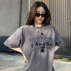 设计感小众高级灰美式复古2023原宿国潮牌男女同款大版短袖t恤女