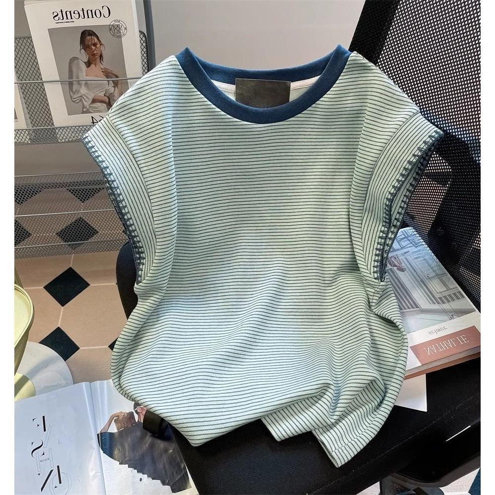 法式薄荷绿拼色条纹小飞袖t恤女2025新款夏季显瘦无袖背心打底衫