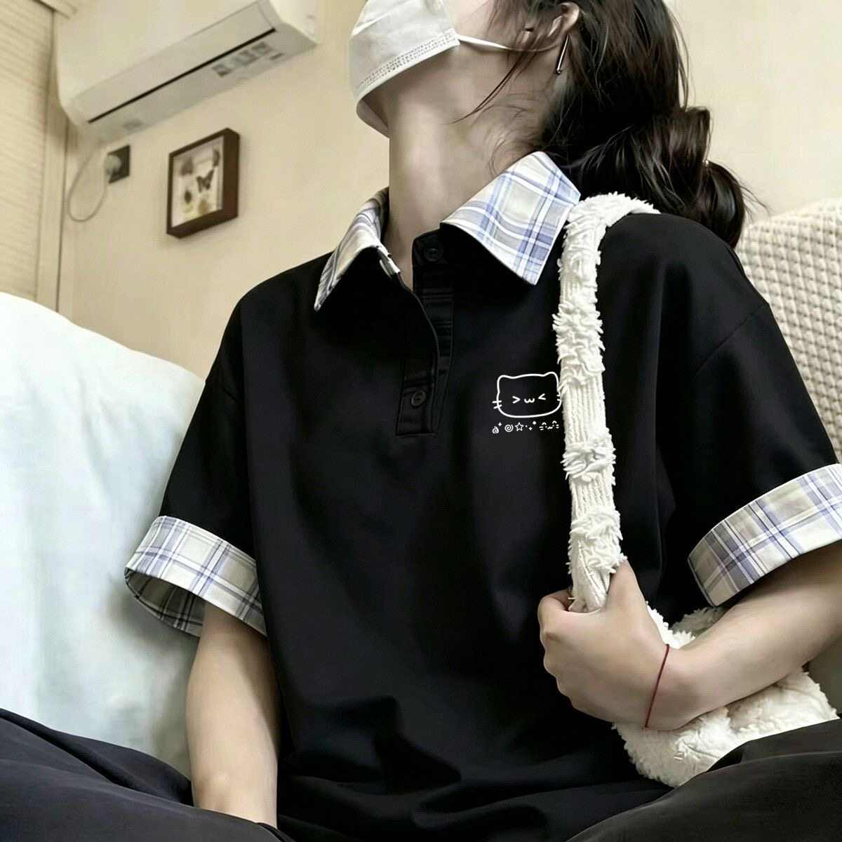 学院风polo衫男女短袖夏季新款撞色格子翻领t恤情侣有领短袖上衣