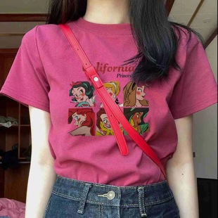 正肩短袖 内搭显瘦卡通印花上衣ins t恤女2023春夏新款 复古港味修身