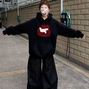 2026秋冬新款加绒加厚宽松氛围感学生党图案印花连帽卫衣上衣女装
