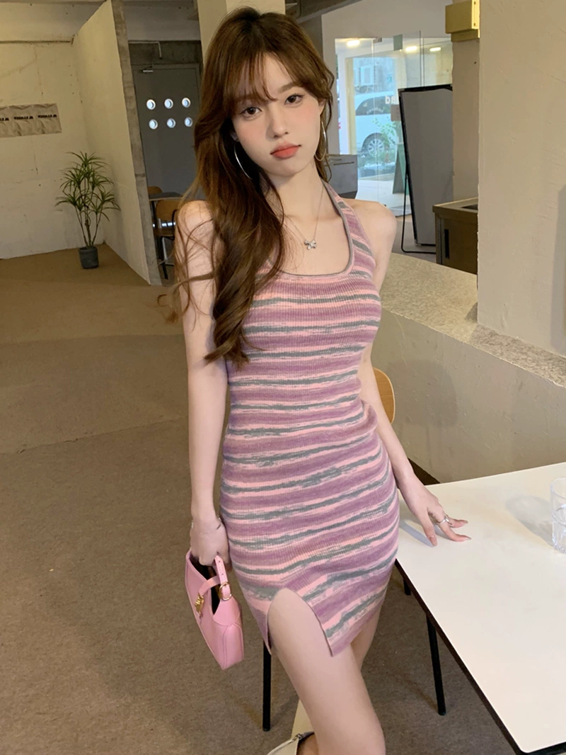 复古挂脖开叉条纹针织连衣裙女夏季纯欲风辣妹修身显瘦包臀短裙子,女装/女士精品,连衣裙,淘宝优惠券,粉丝福利购,淘宝优惠卷
