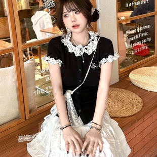 上衣 波点拼接黑色针织短袖 女夏季 miu系学院风正肩t恤修身 显瘦短款