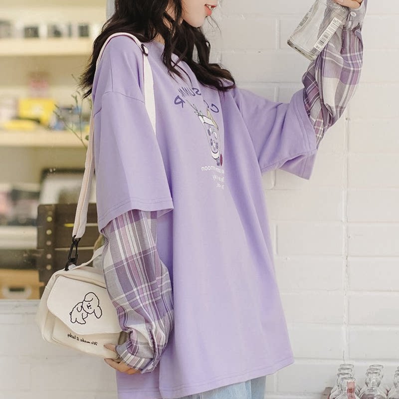 lattice Sweater False two Long sleeve T-shirt Net Red ins Ultra-fire Thin section student Easy Lazy wind solar system jacketin the Women's clothing/Boutique , T-shirt  category - from Buy2taobao.com to provide professional Taobao agent buy service