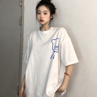 懒风BF卡通涂鸦印花短袖 黑白色2025夏季 T恤女胖mm慵宽松上衣ins