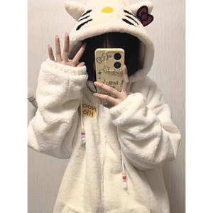 日系可爱凯蒂猫hellokitty羊羔绒外套女秋冬宽松慵懒风bf棉衣棉服