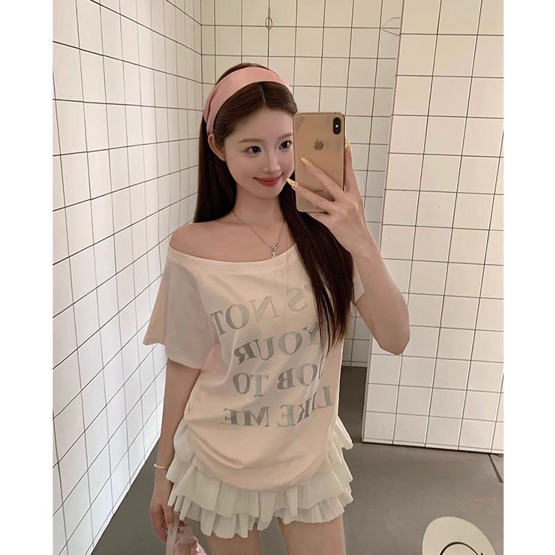 美式辣妹粉色斜肩短袖t恤女早春2026新款设计感小众宽松露肩上衣