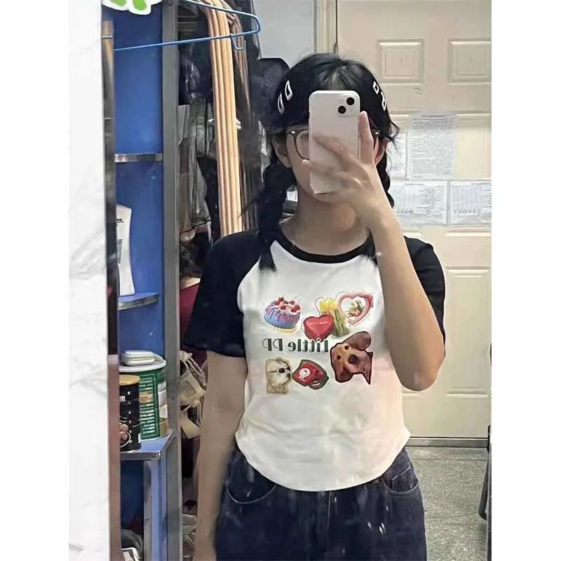 胖mm大码女装夏季2025新款美式正肩短袖t恤撞色短款辣妹上衣ins潮