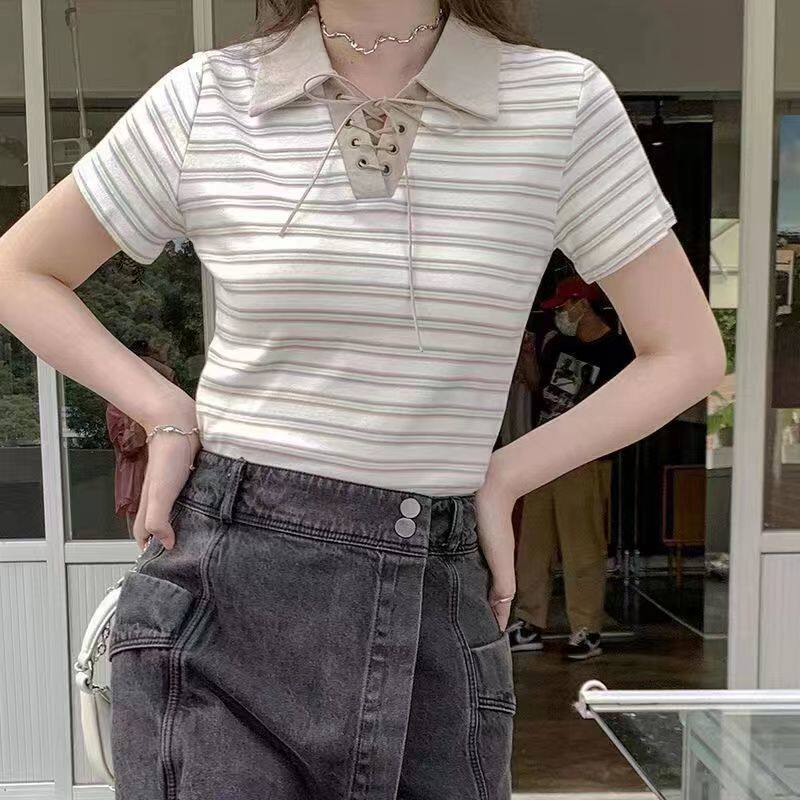撞色Polo领条纹T恤女夏季复古美式辣妹修身短款正肩显瘦短袖上衣