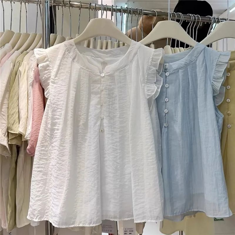 韩系小众蓝色衬衫女夏慵懒木耳边无袖衬衣法式圆领压褶小飞袖上衣