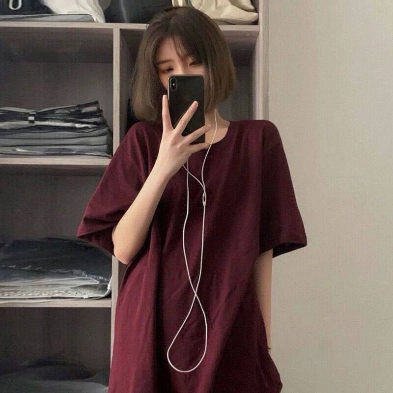 多巴胺纯色韩版慵懒风中长款学生短袖T恤上衣女夏宽松半袖打底衫