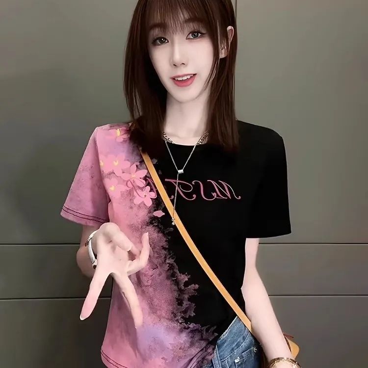 大码显瘦休闲百搭爆款体恤衫欧货时尚印花短袖T恤女2024夏季新款