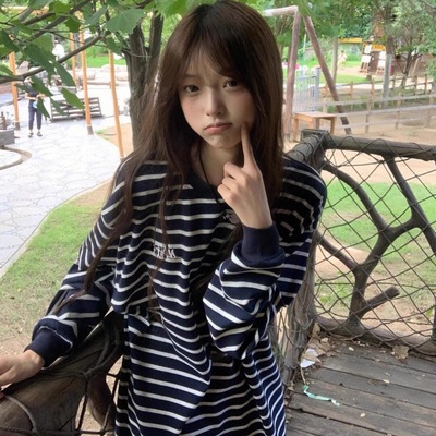 美式复古条纹长袖T恤女春秋2025新款宽松休闲百搭圆领打底衫上衣