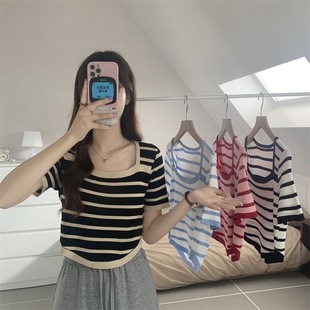 顯瘦上衣服夏裝 穿搭配 t恤女復古方領撞色小個子不規則修身 短款